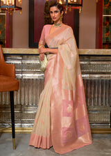 Tan Cream and Pink Zari Woven Linen Saree