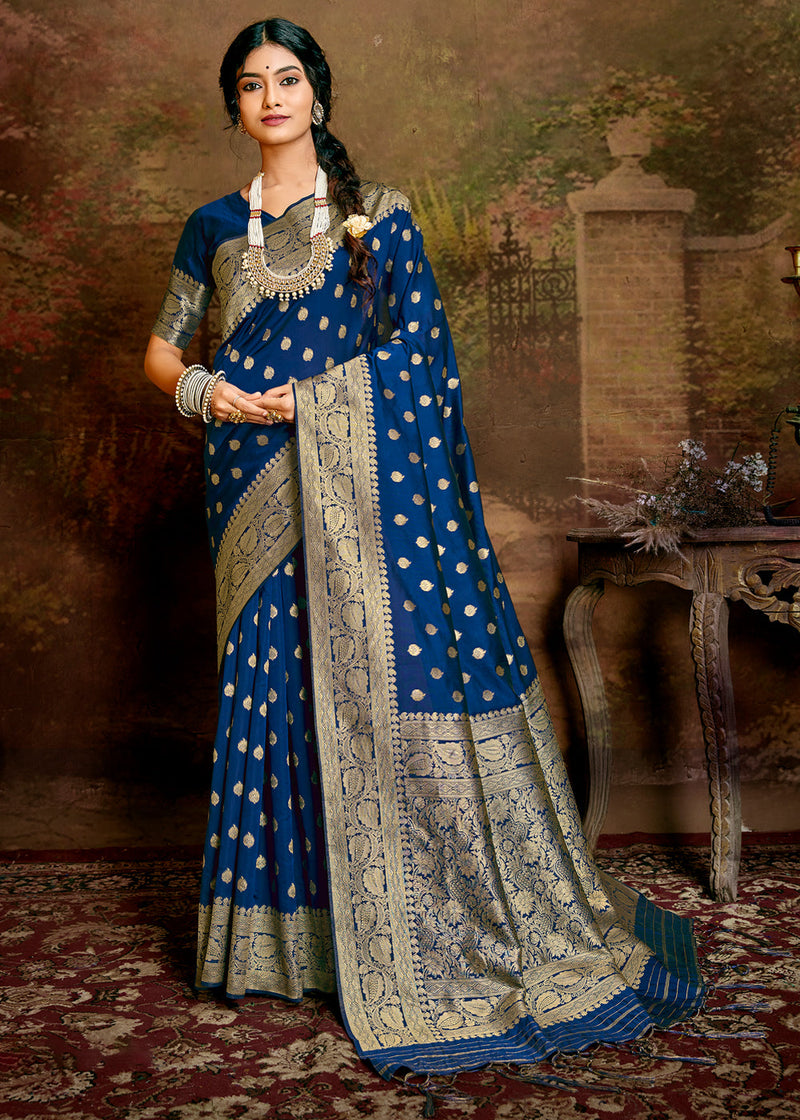 Prussian Blue Zari Woven Banarasi Jamdani Silk Saree