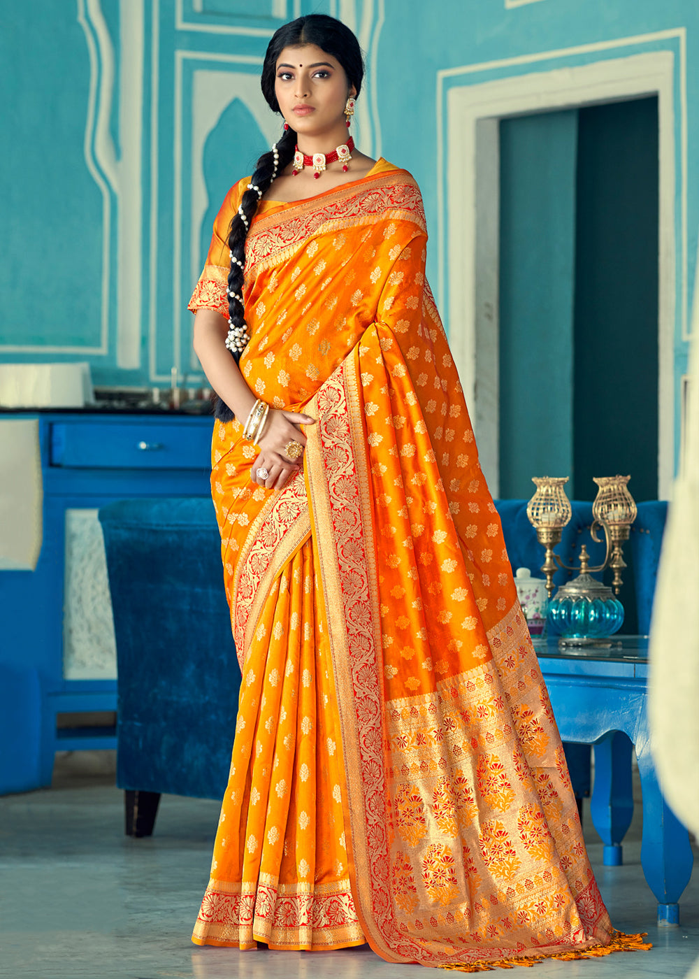 Buy MySilkLove Picasso Orange Zari Woven Banarasi Saree Online