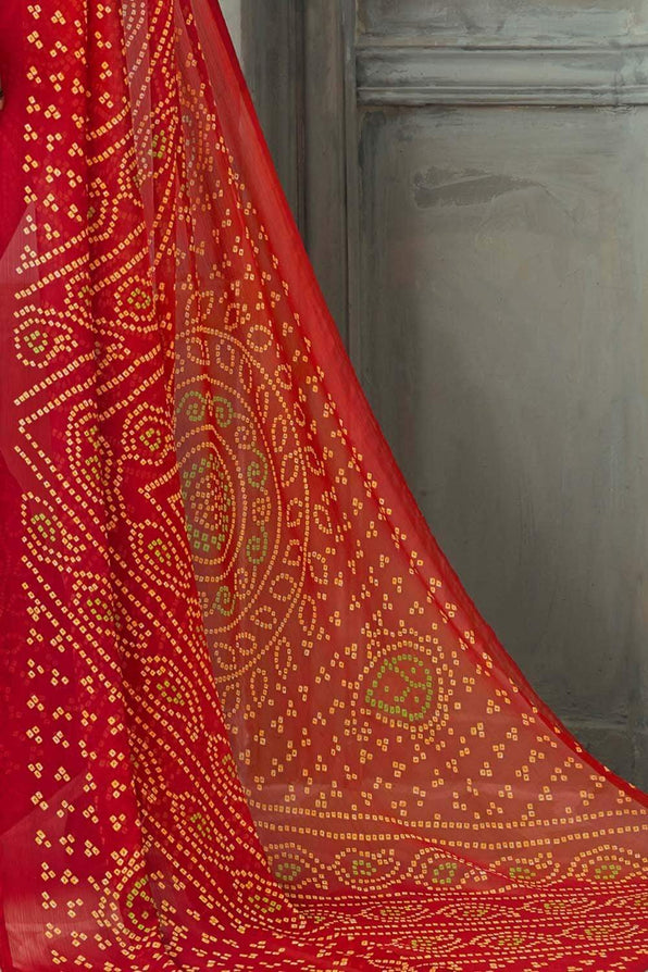 Buy MySilkLove Jasper Red Chiffon Bandhani Printed Saree Online