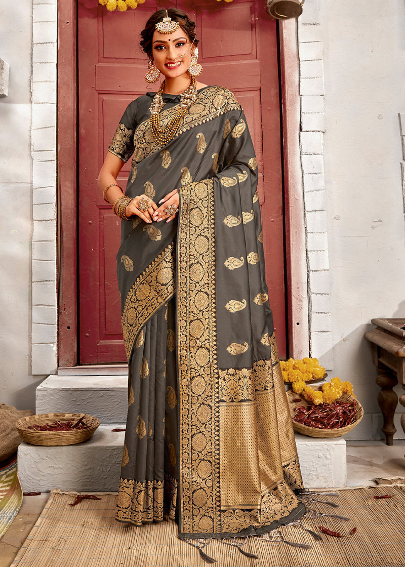 Pine Cone Grey Zari Woven Banarasi Jamdani Silk Saree