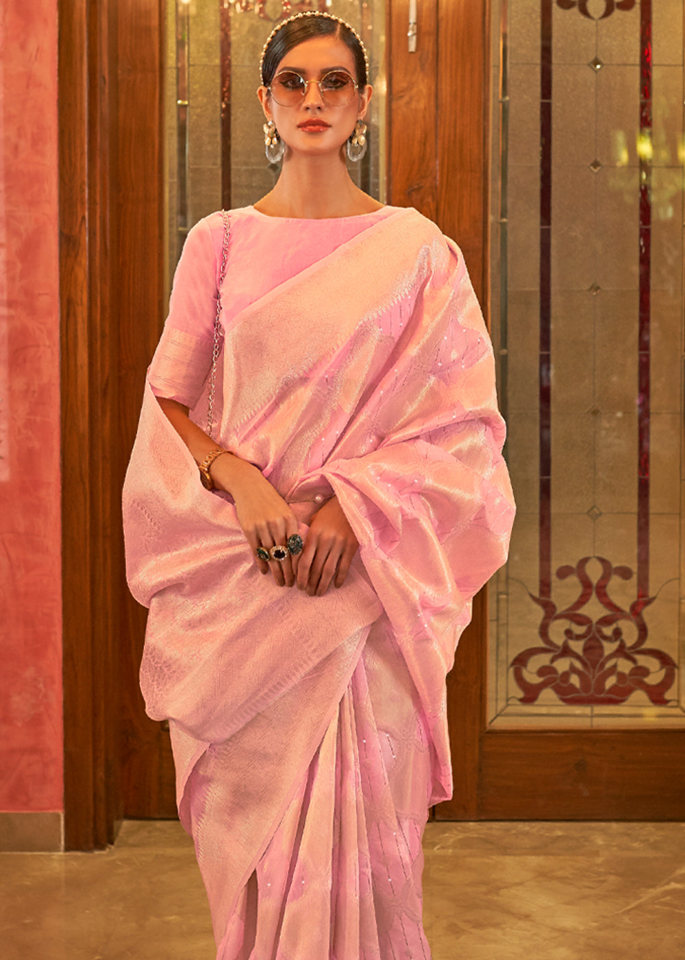 Buy MySilkLove Flower Pink Zari Woven Banarasi Brocade Saree Online