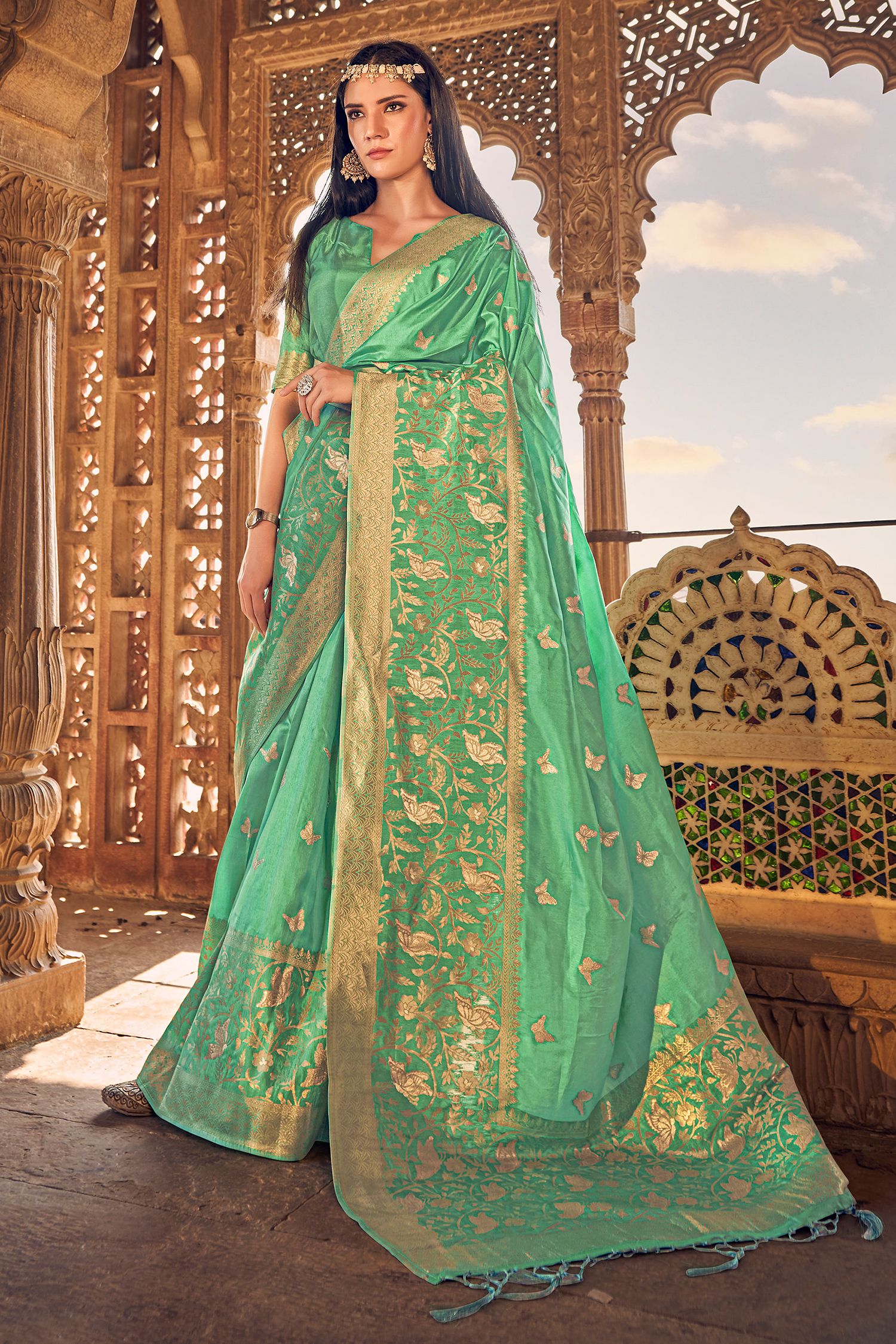 Buy MySilkLove Olivine Green Banarasi Woven Silk Saree Online