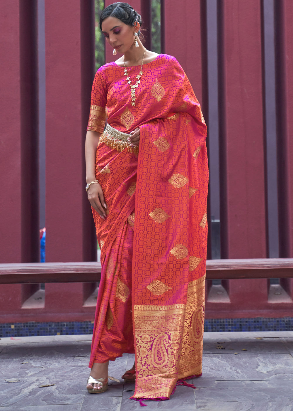 Buy MySilkLove Red Damask Banarasi Woven Satin Silk Saree Online