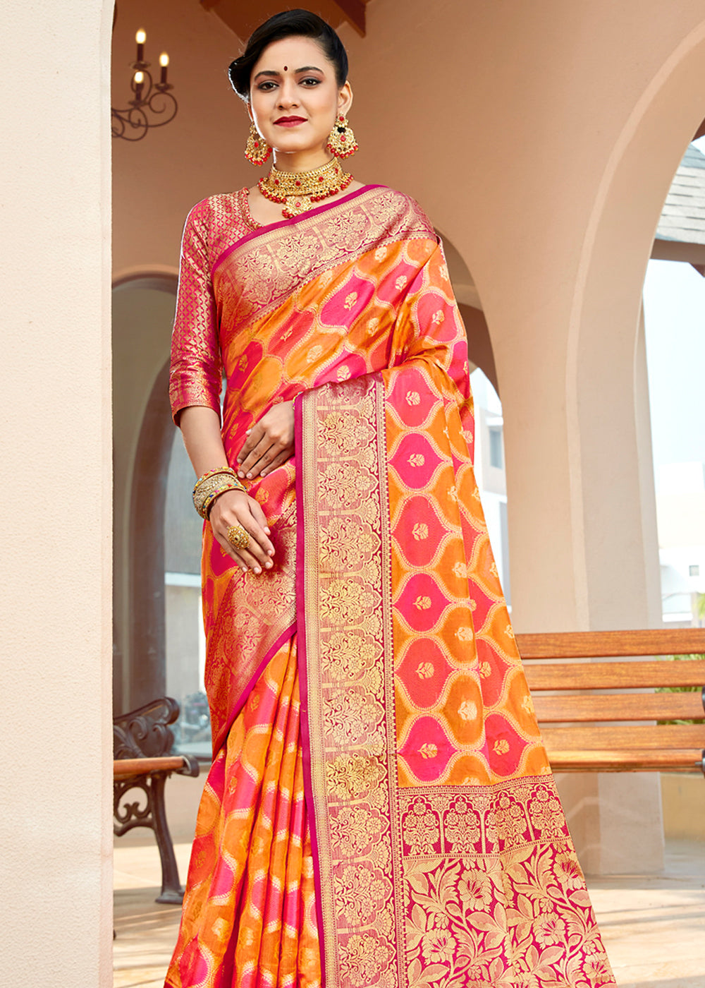 Buy MySilkLove Punch Orange and Red Wonen Banarasi Rangkath Silk Saree Online