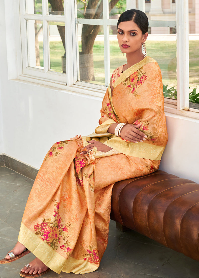 Tan Orange Banarasi Jacquard Printed Saree