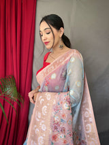 Sky Blue and Pink Banarasi Dual Tone Floral Printed Silk Saree