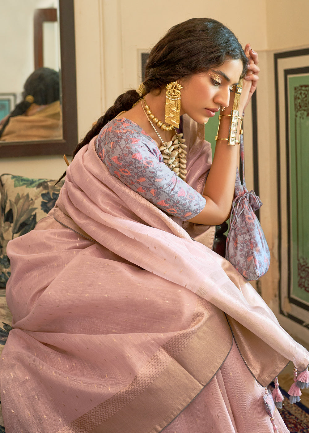 MySilkLove Tumbleweed Pink Tissue Silk Saree with Designer Blouse