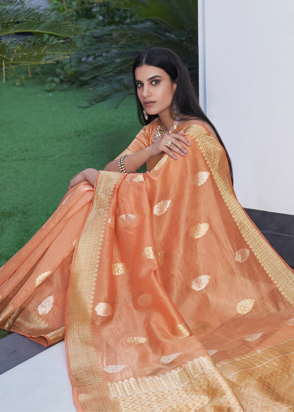 MySilkLove Negroni Peach Zari Woven Tissue Banarasi Silk Saree