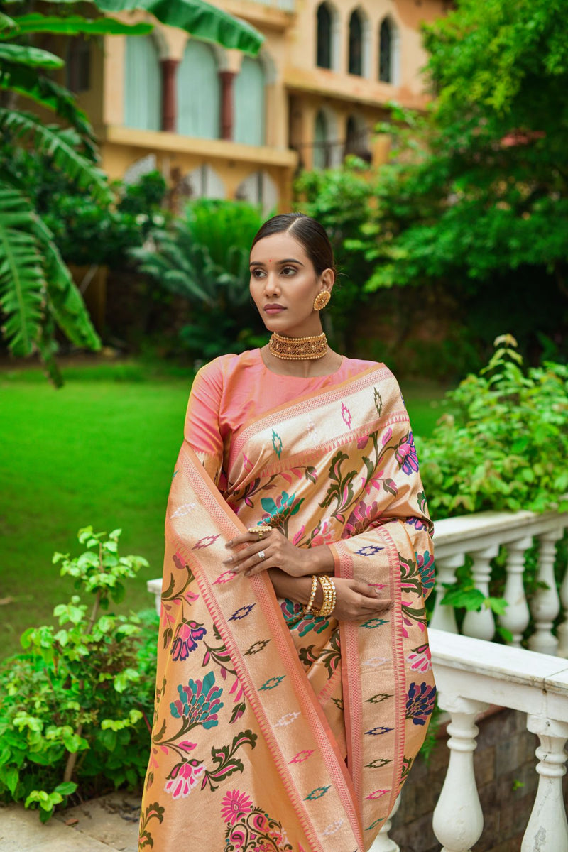 Tulip Pink Woven Banarasi Paithani Saree – MySilkLove