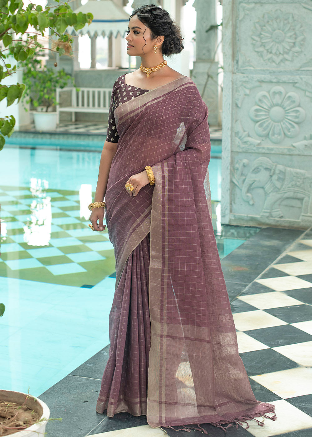 MySilkLove Ferra Purple Zari Woven Checks Linen Saree