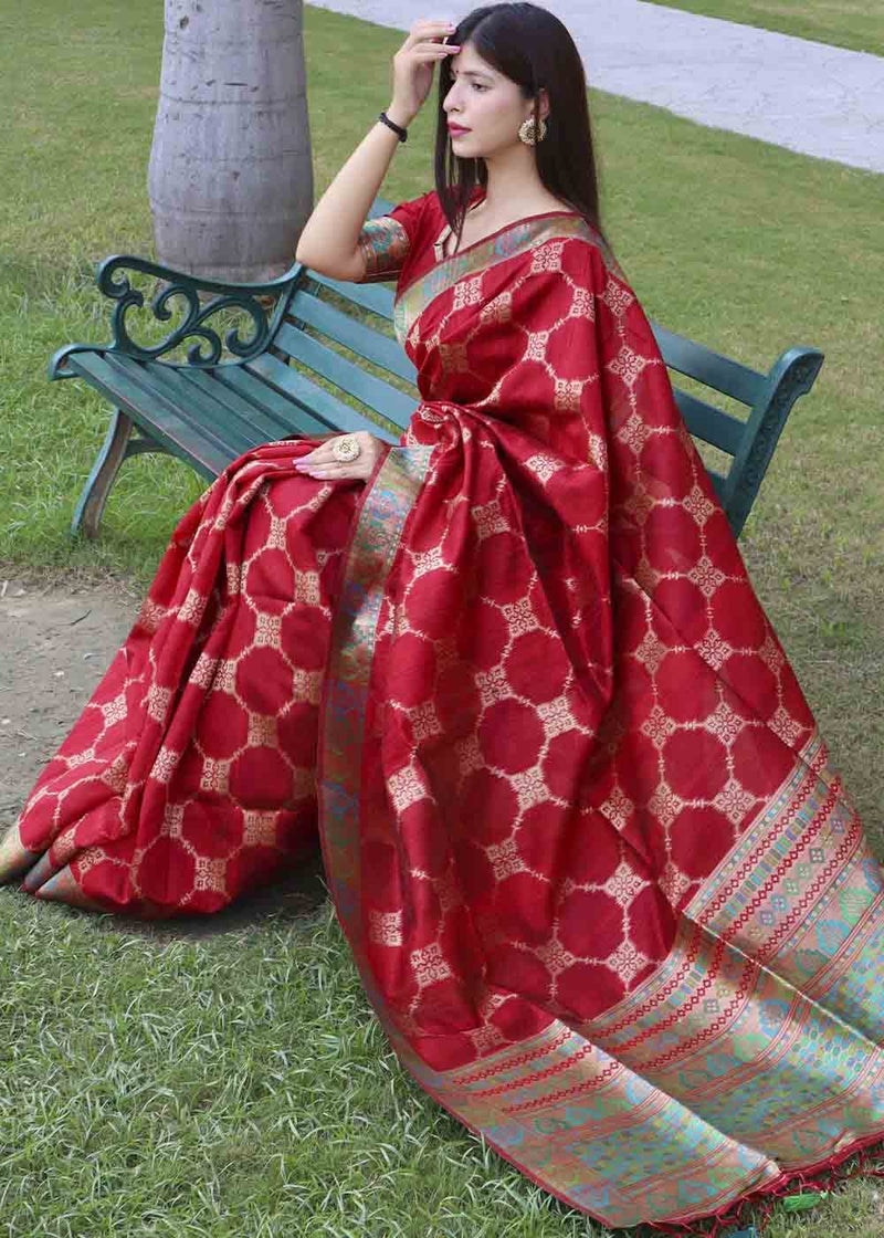 Carmine Red Zari Woven Tussar Silk Saree