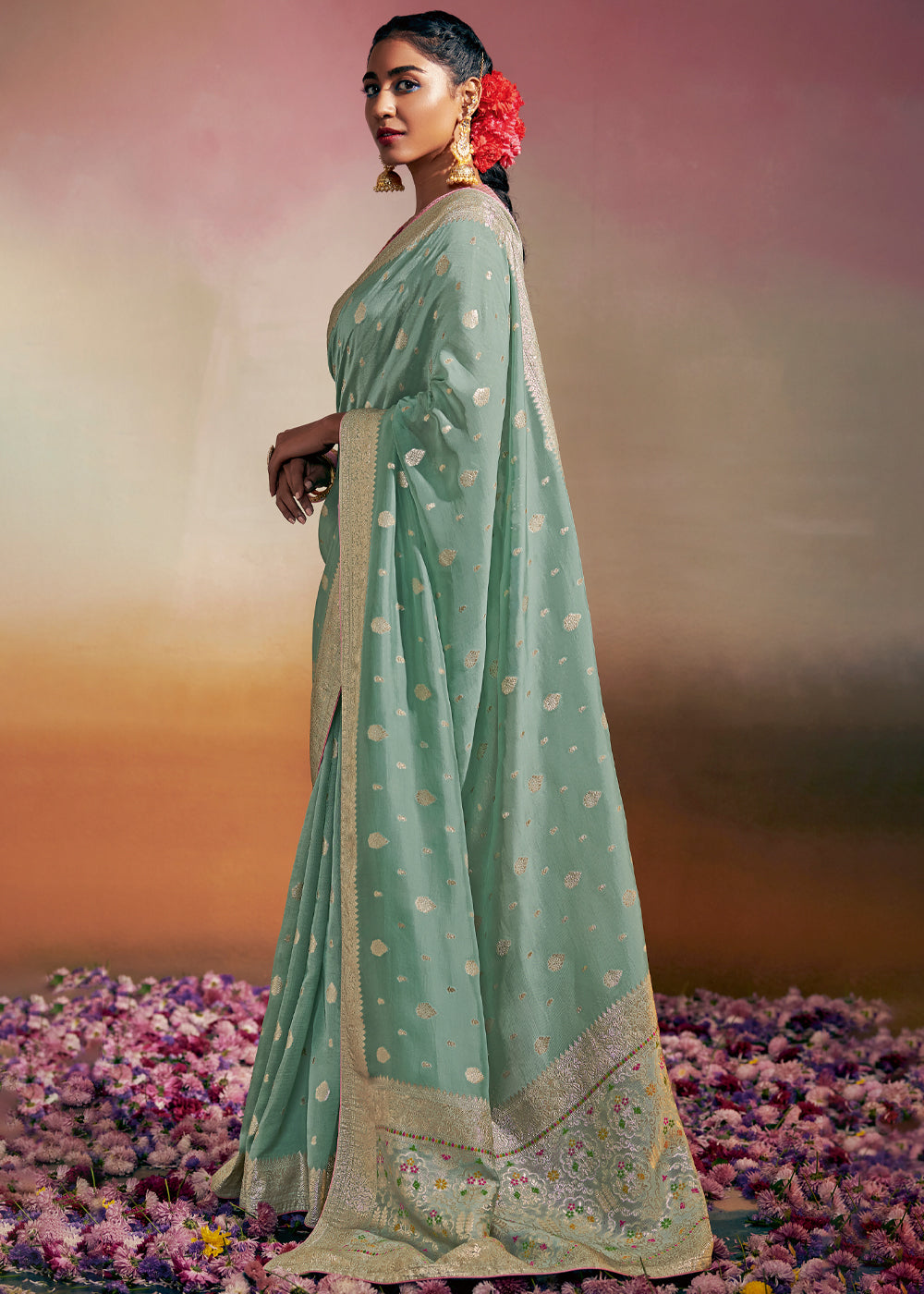 Buy MySilkLove Spring Rain Blue Woven Banarasi Soft Silk Saree Online