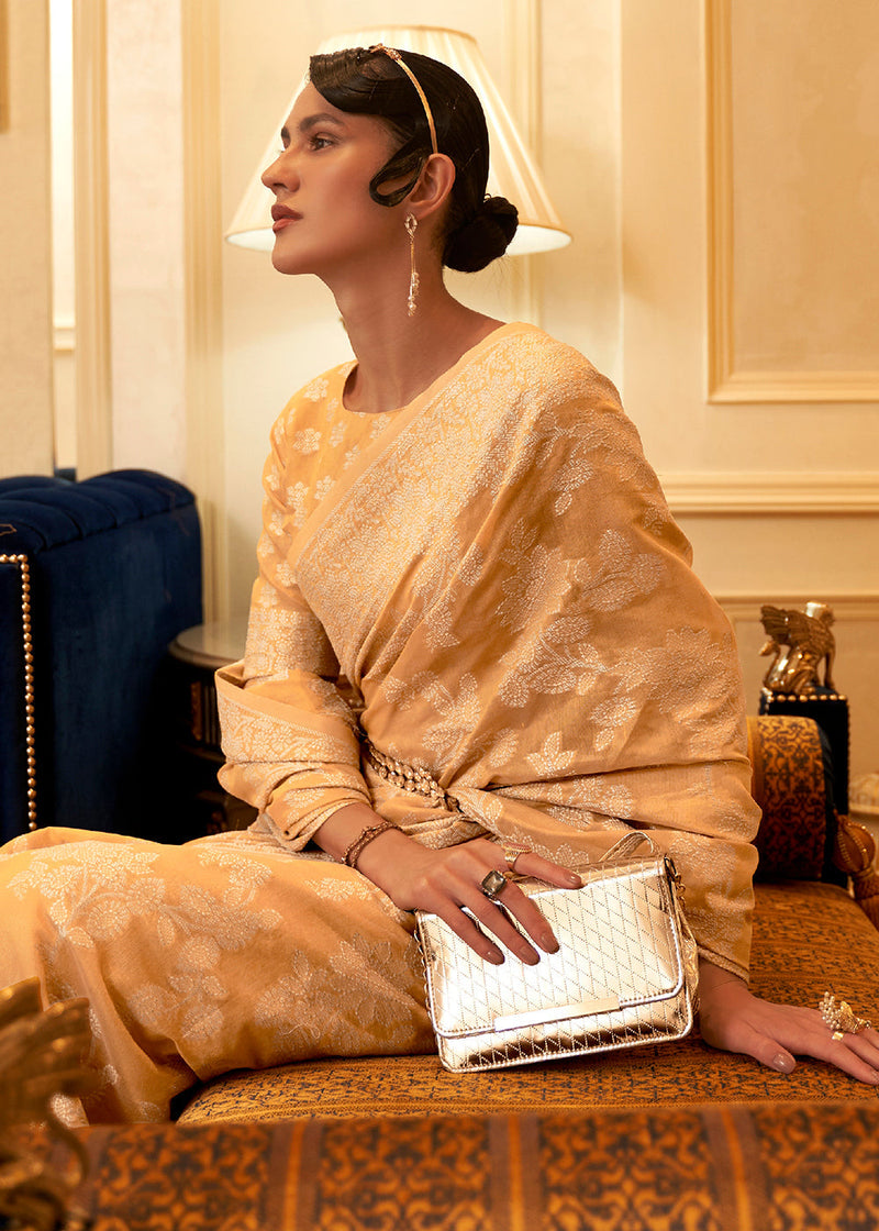 Harvest Gold Light Brown Woven Chikankari Saree
