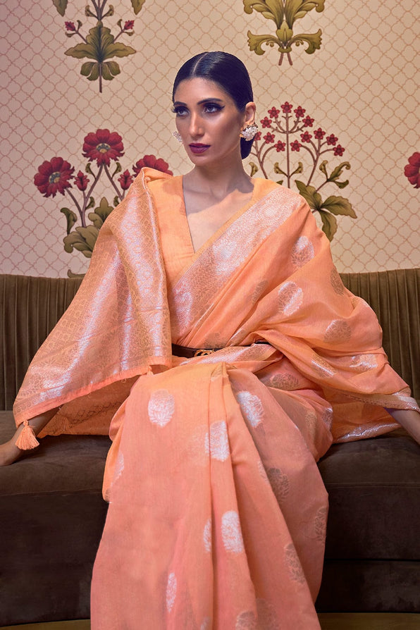 Buy MySilkLove Flower Orange Zari Woven Linen Saree Online