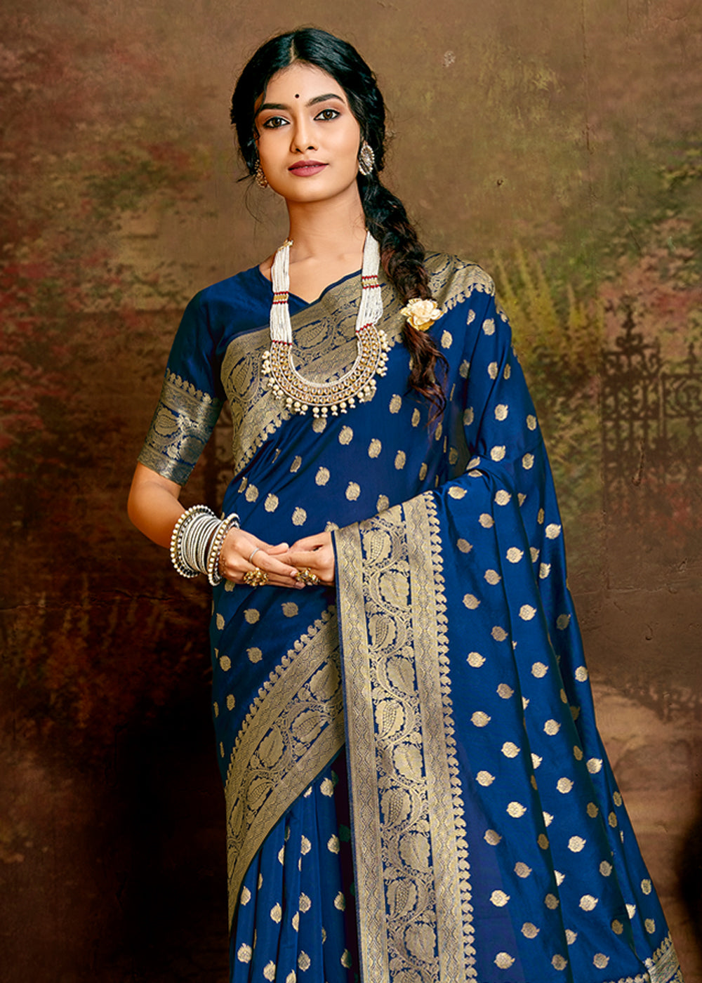 MySilkLove Prussian Blue Zari Woven Banarasi Jamdani Silk Saree