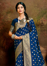 Prussian Blue Zari Woven Banarasi Jamdani Silk Saree