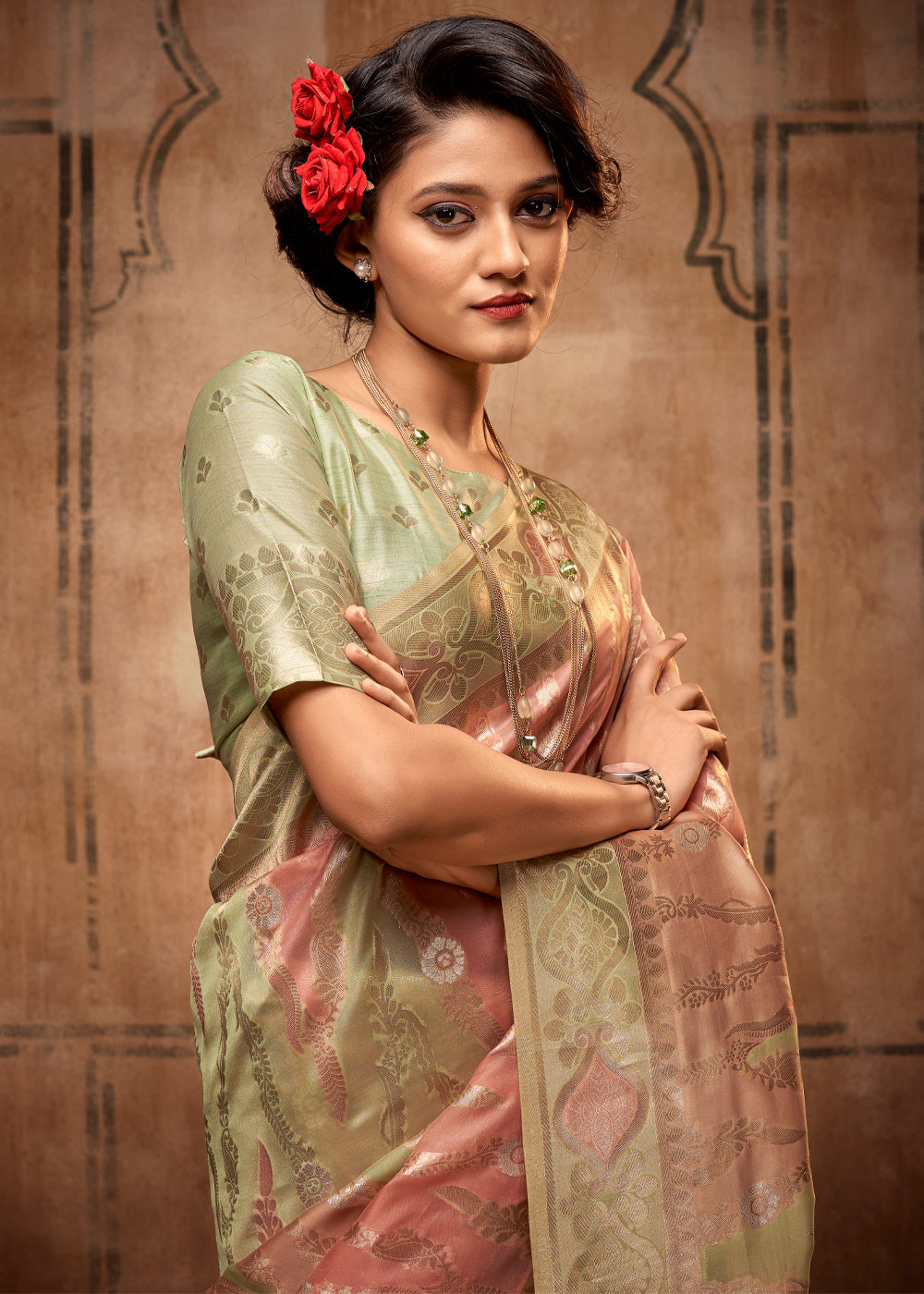 Buy MySilkLove Antique Pink and Green Zari Woven Banarasi Organza Saree Online