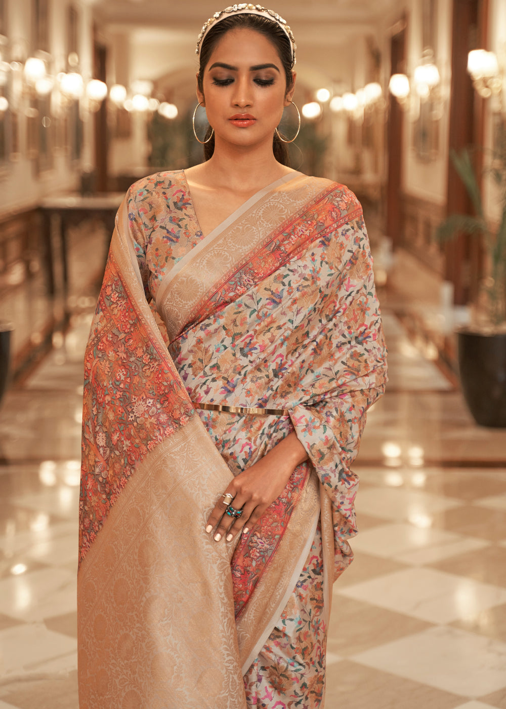 Buy MySilkLove Papaya Whip White Banarasi Digital Kanni Printed Silk Saree Online