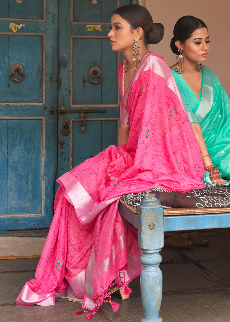 Froly Pink Floral Embroidered Linen Saree