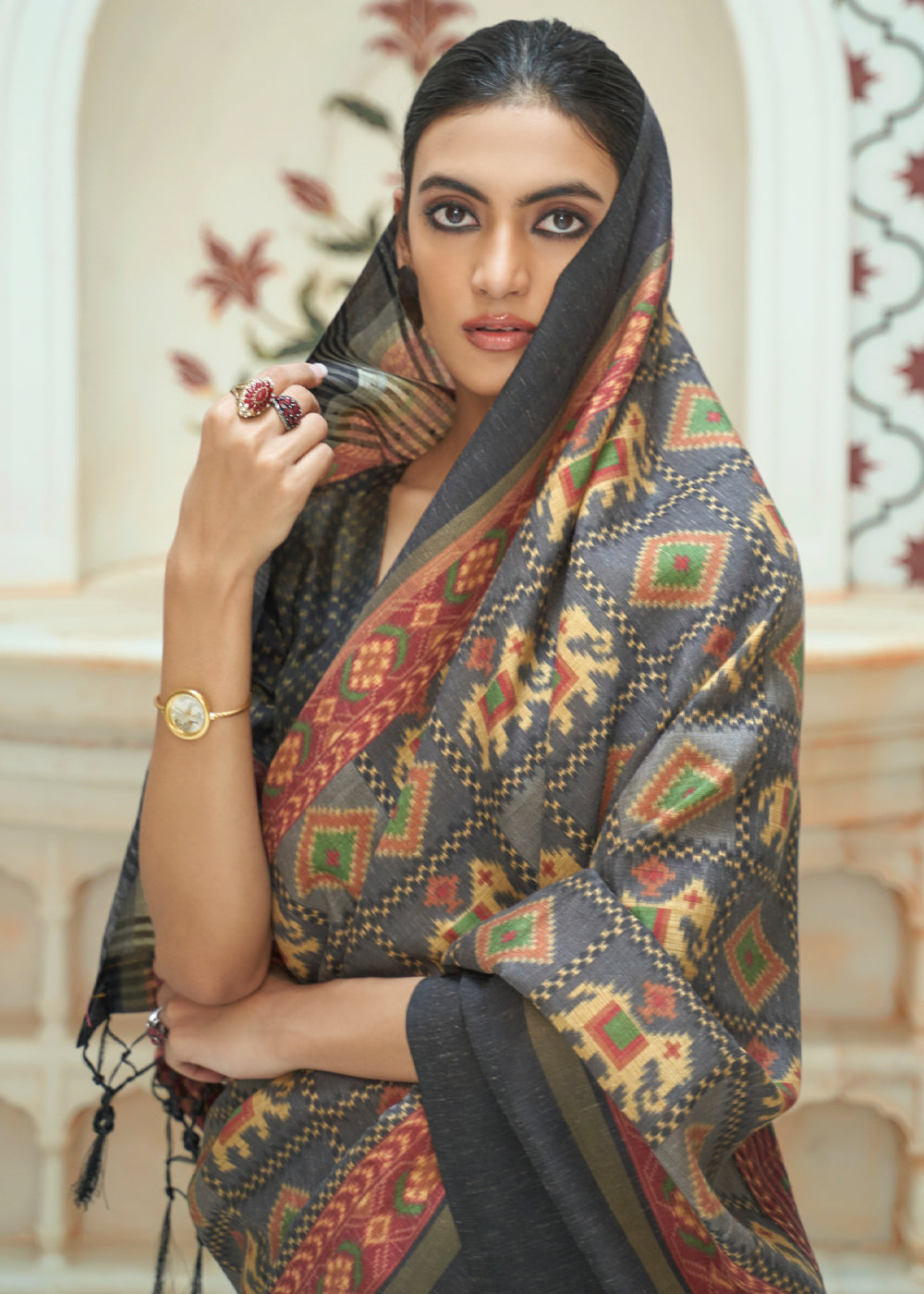 MySilkLove Olive Haze Grey Patola Digital Printed Saree