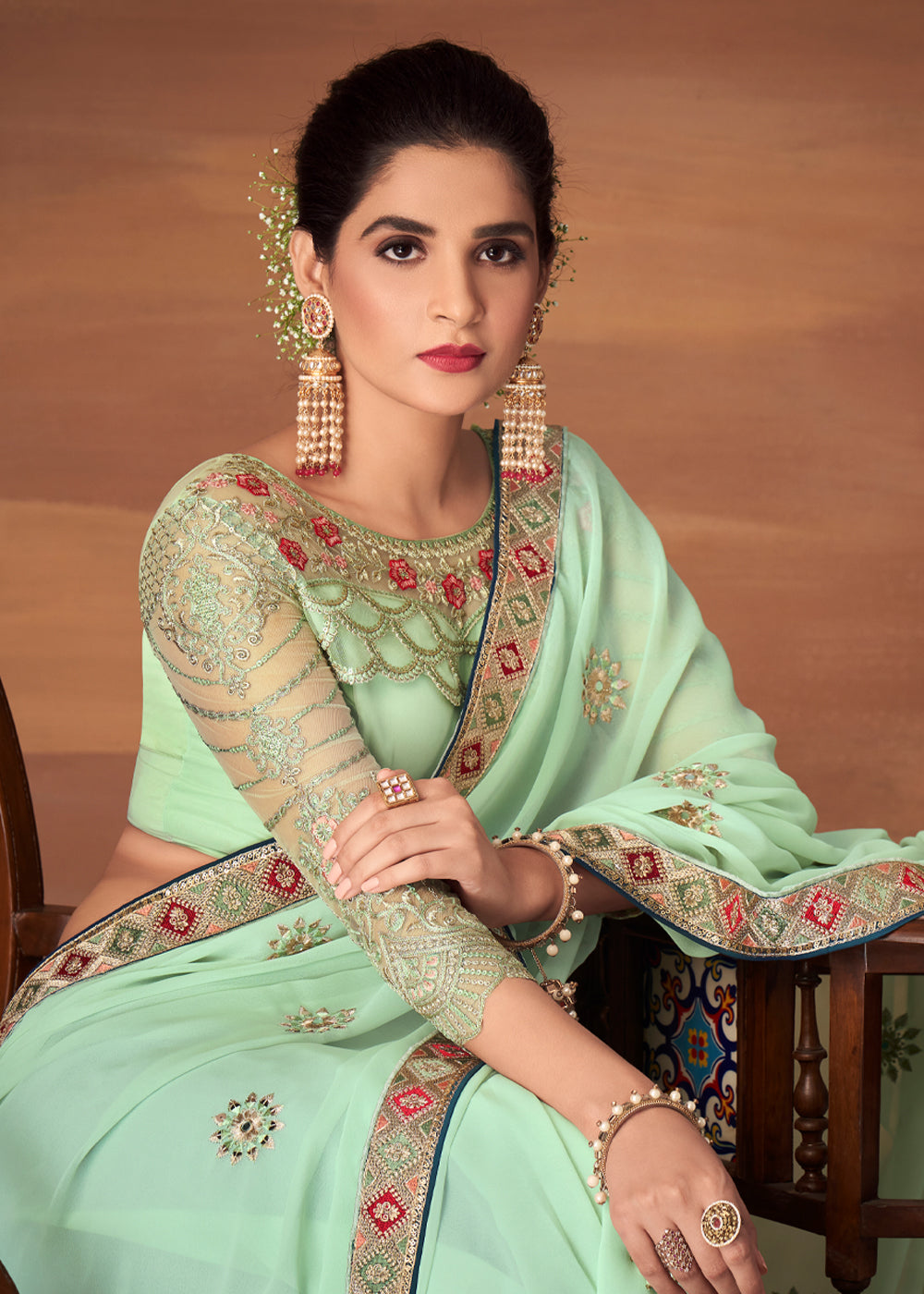 MySilkLove Moss Green Designer Saree with Embroidered Blouse