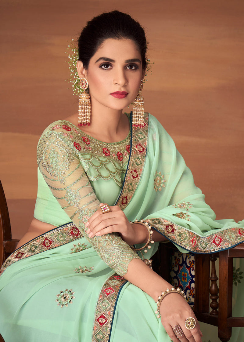 Moss Green Designer Saree with Embroidered Blouse