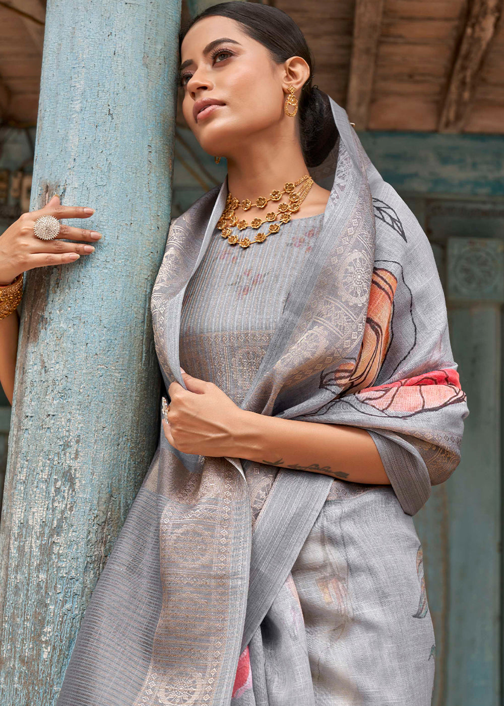 Buy MySilkLove Quick Silver Grey Floral Printed Linen Silk Saree Online