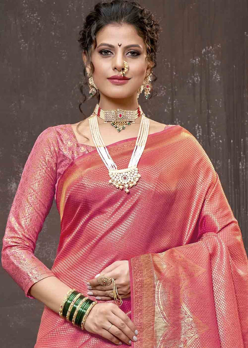 Contessa Pink Zari Woven Tissue Kanjivaram Saree