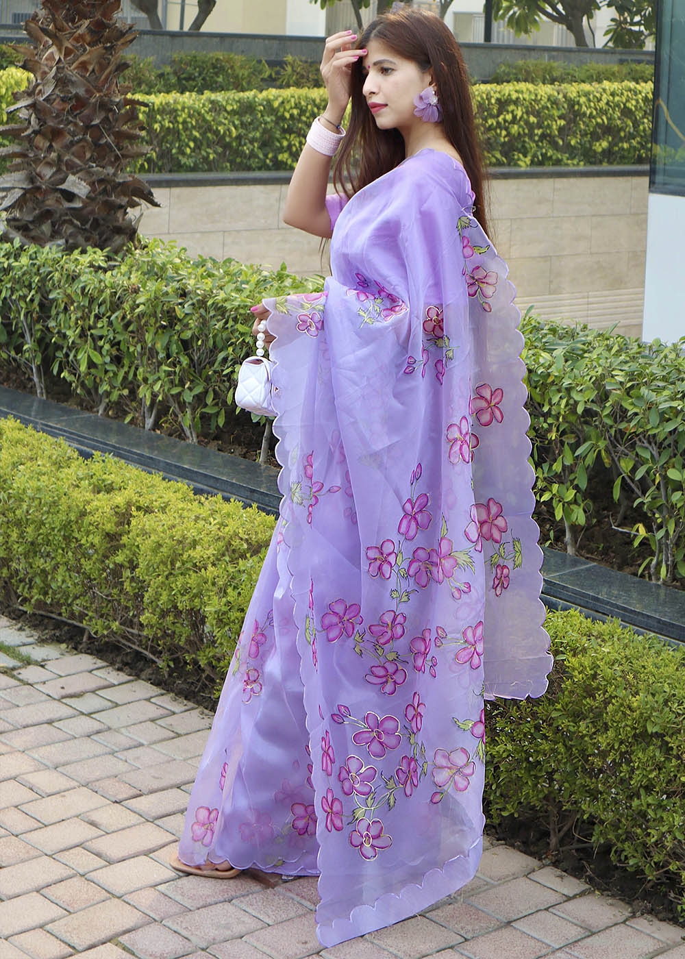 Buy MySilkLove Mauve Purple Digital Floral Print Organza Saree Online