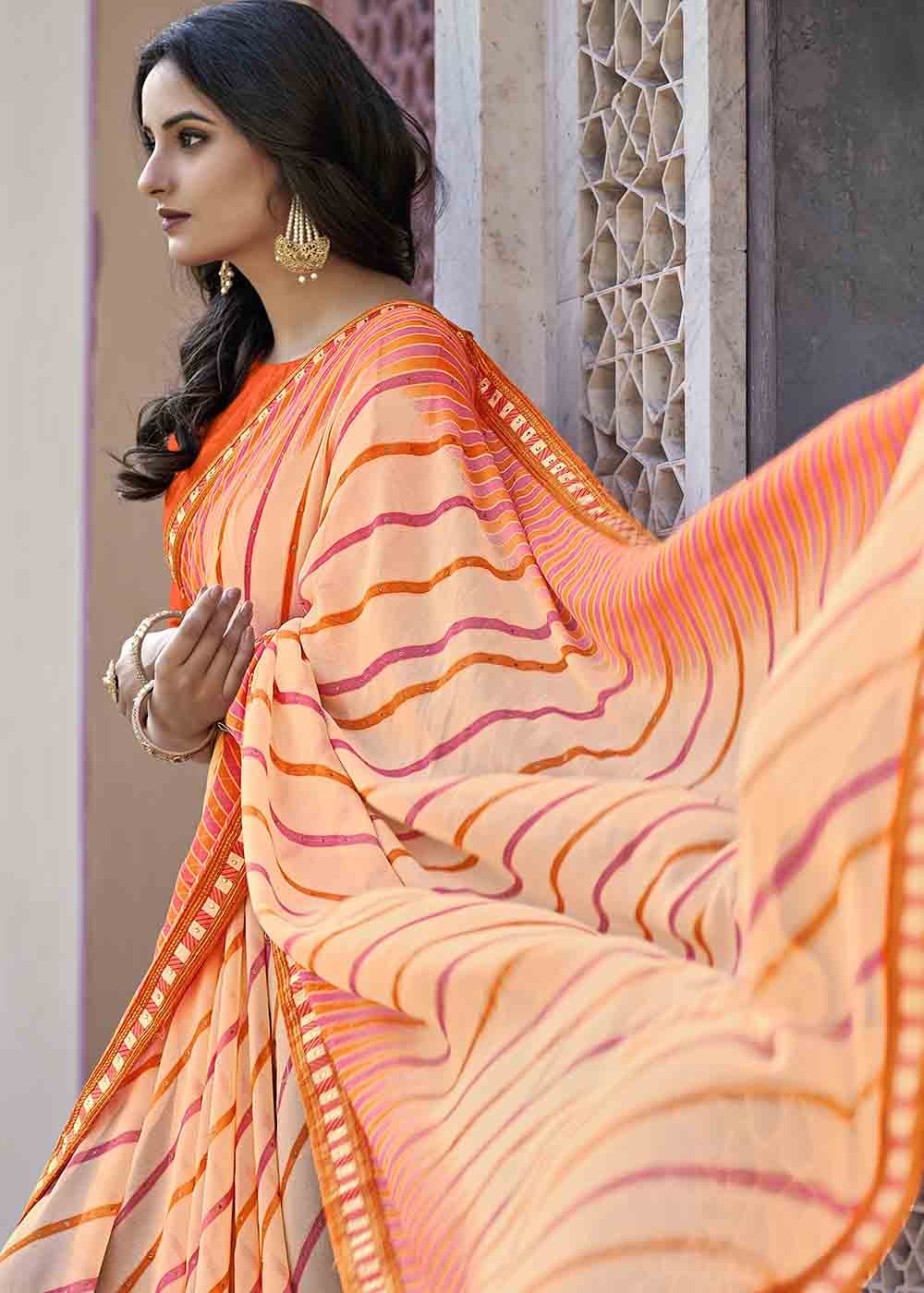 Buy MySilkLove Heath Orange Printed Georgette Saree Online