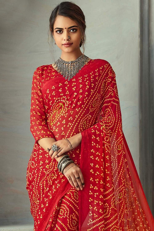 Buy MySilkLove Jasper Red Chiffon Bandhani Printed Saree Online