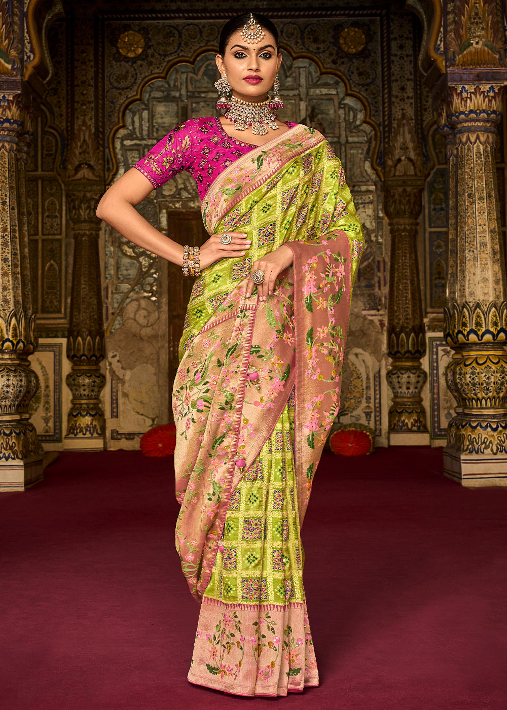 Buy MySilkLove Earls Green and Pink  Patola Printed Dola Silk Saree With Embroidered Blouse Online