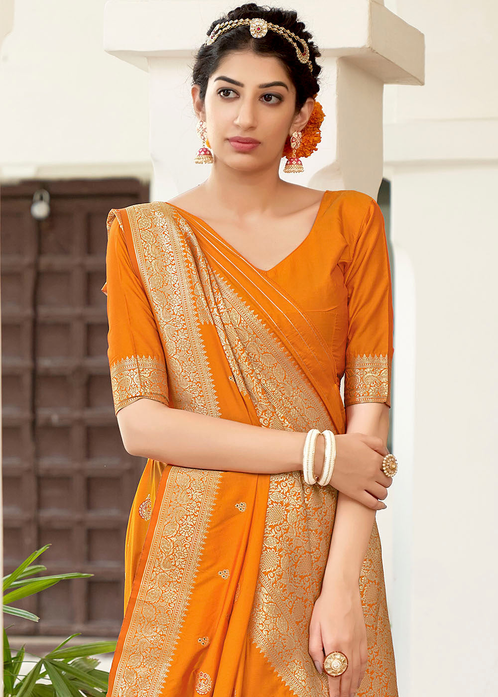 Buy MySilkLove Salomie Orange Zari Woven Banarasi Silk Saree with Butti Work Online