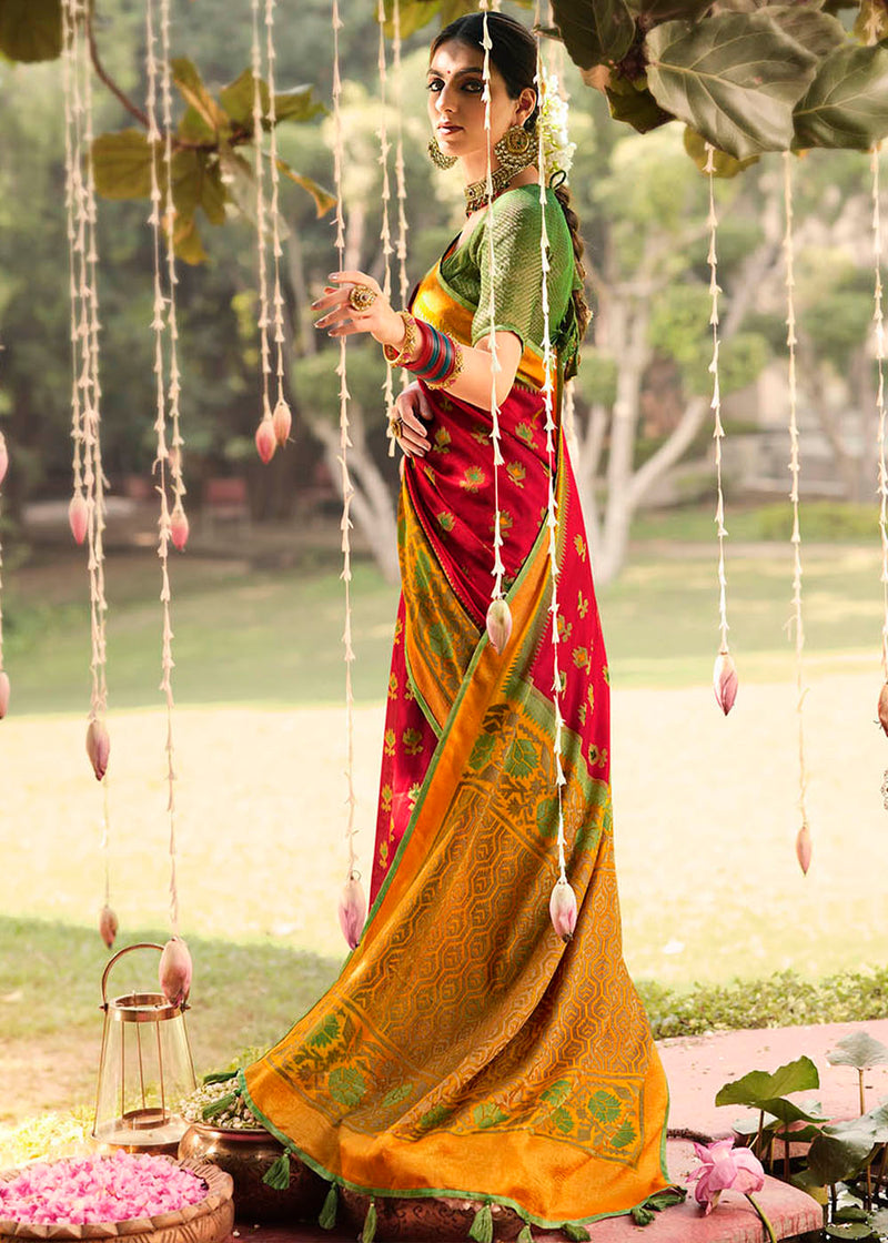 Mojo Red and Yellow Soft Brasso Silk Saree