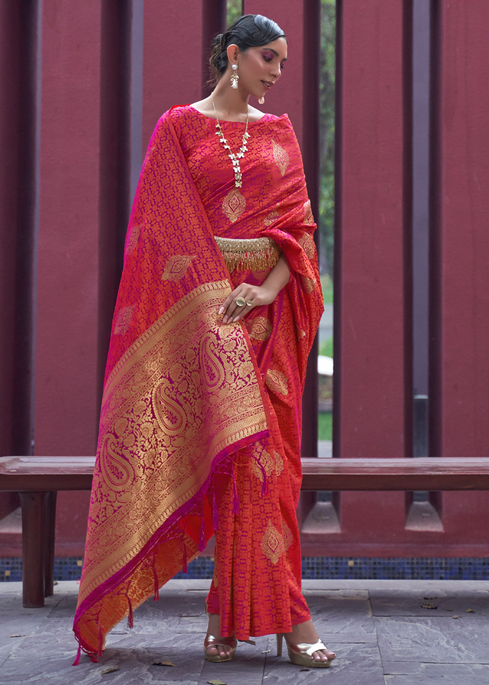 Buy MySilkLove Red Damask Banarasi Woven Satin Silk Saree Online