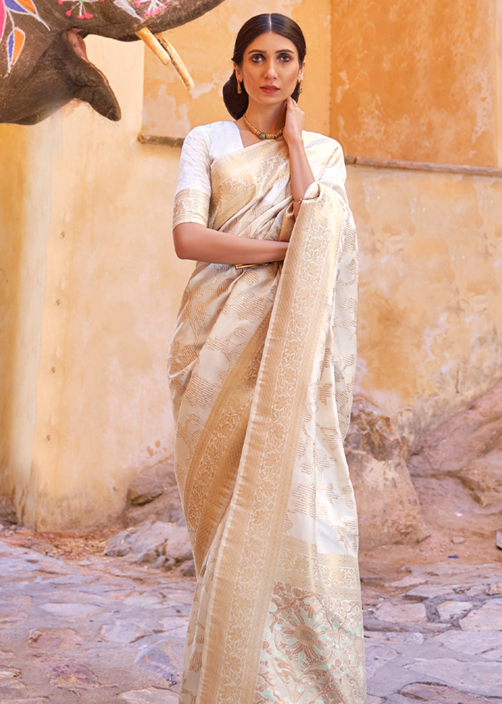 Buy MySilkLove Almond White Zari Woven Banarasi Handloom Saree Online