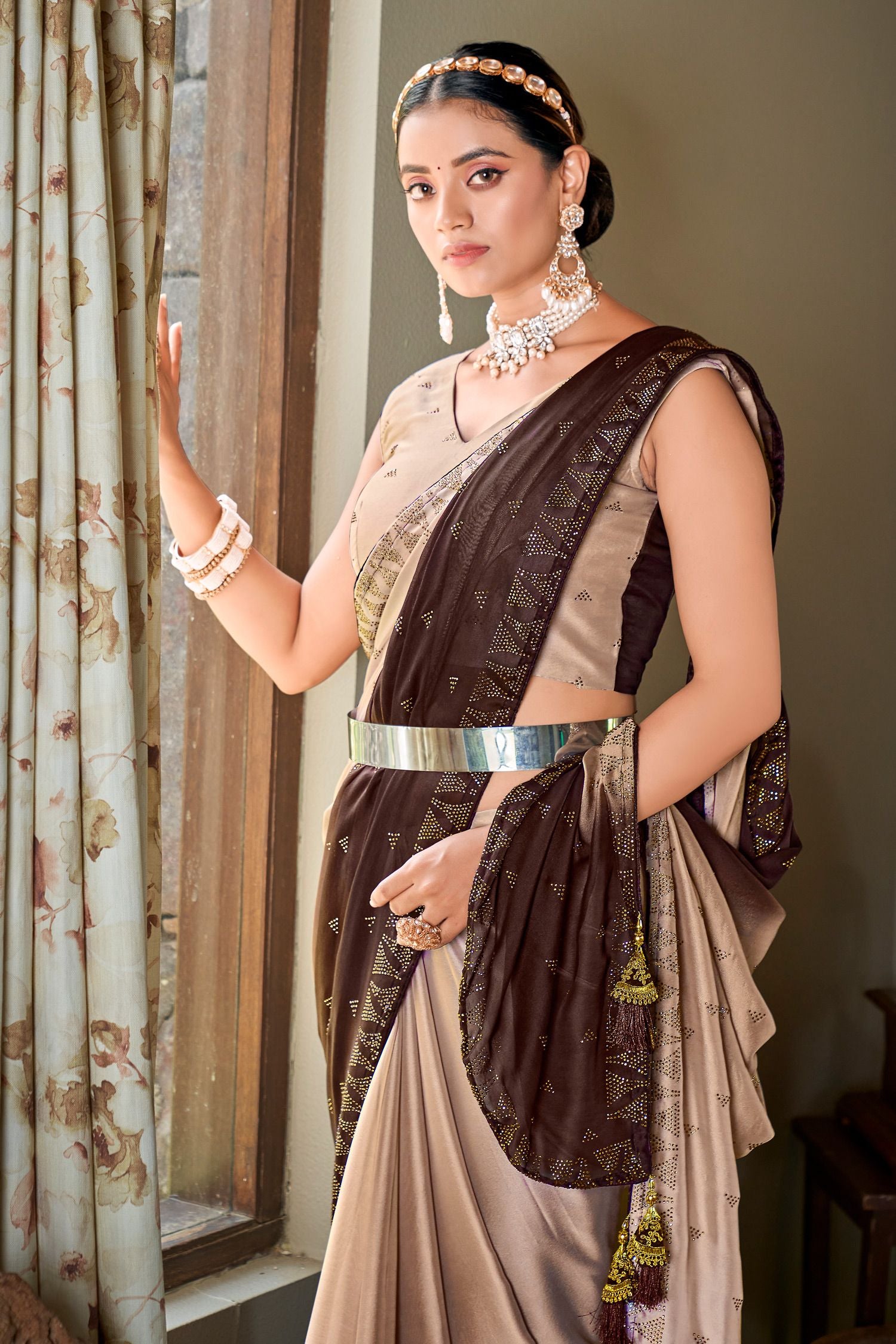 MySilkLove Rodeo Dust Cream and Brown Designer Saree