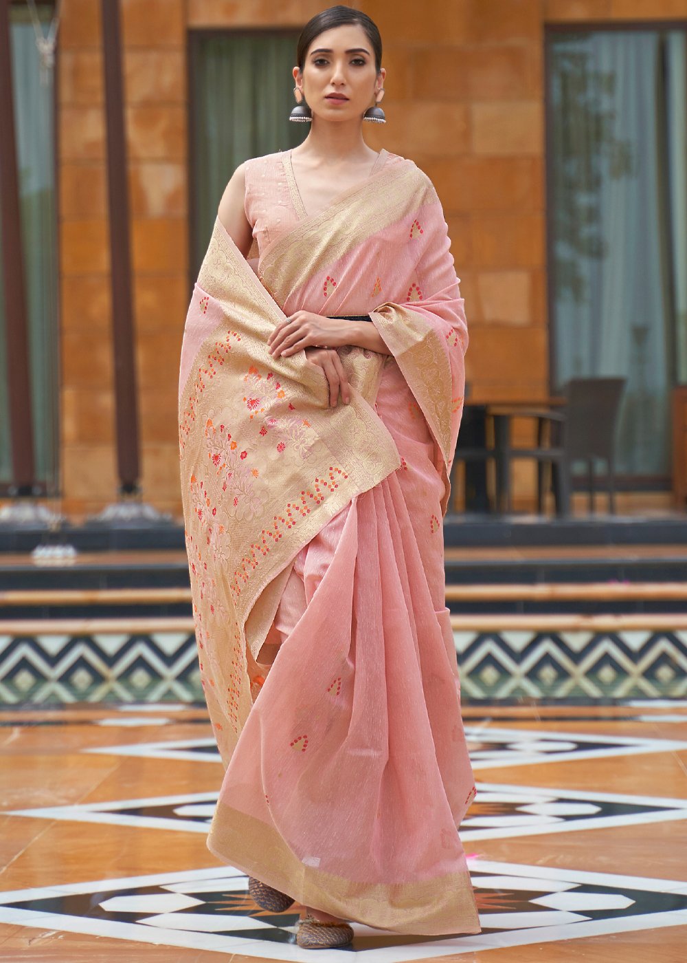 Buy MySilkLove My Blush Pink Zari Woven Banarasi Linen Saree Online