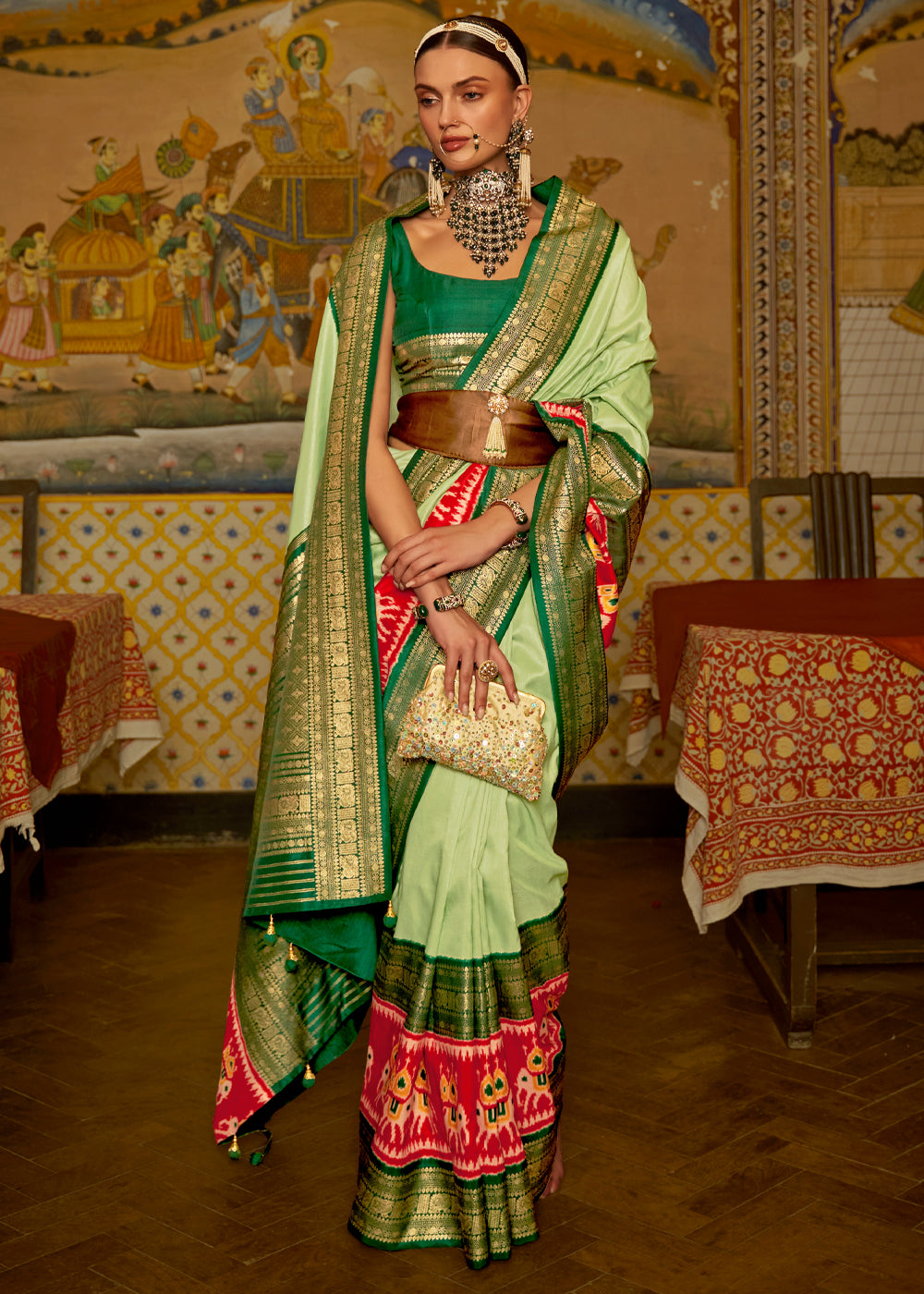 Buy MySilkLove Pine Glade Green Banarasi Patola Saree Online