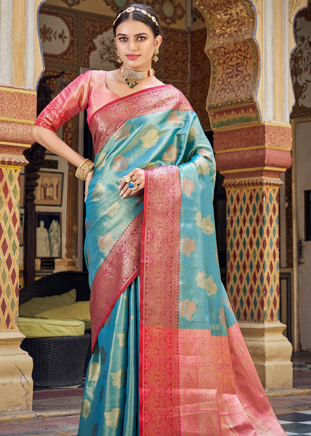 MySilkLove Neptune Blue Woven Banarasi Barcode Silk Saree