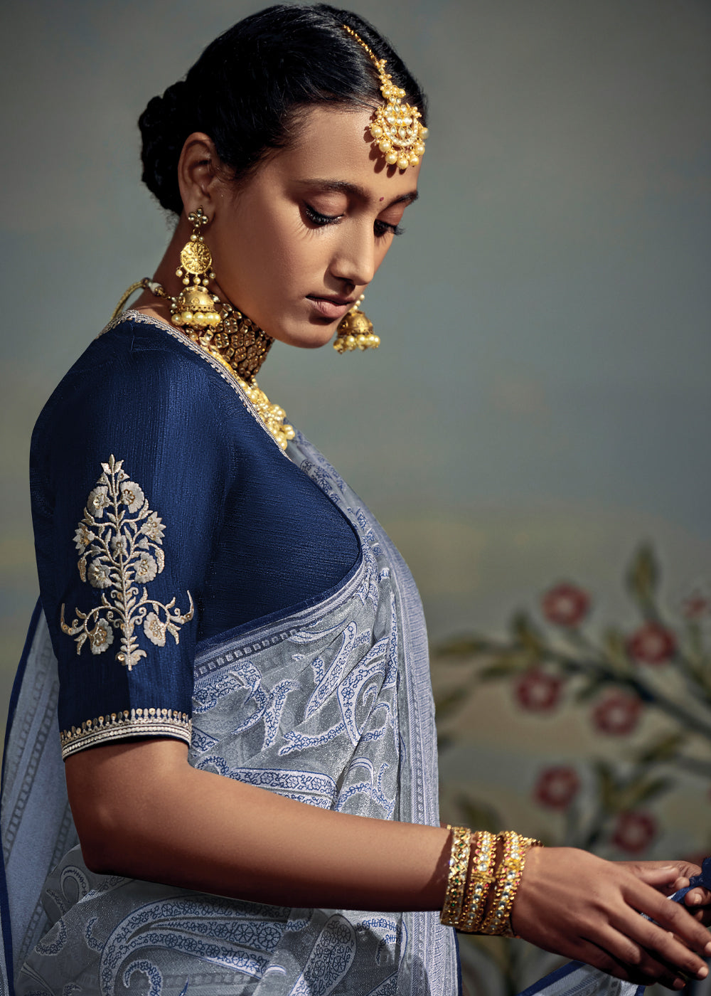 Buy MySilkLove Pale Sky Grey and Blue Woven Soft Silk Saree with Embroidered Blouse Online