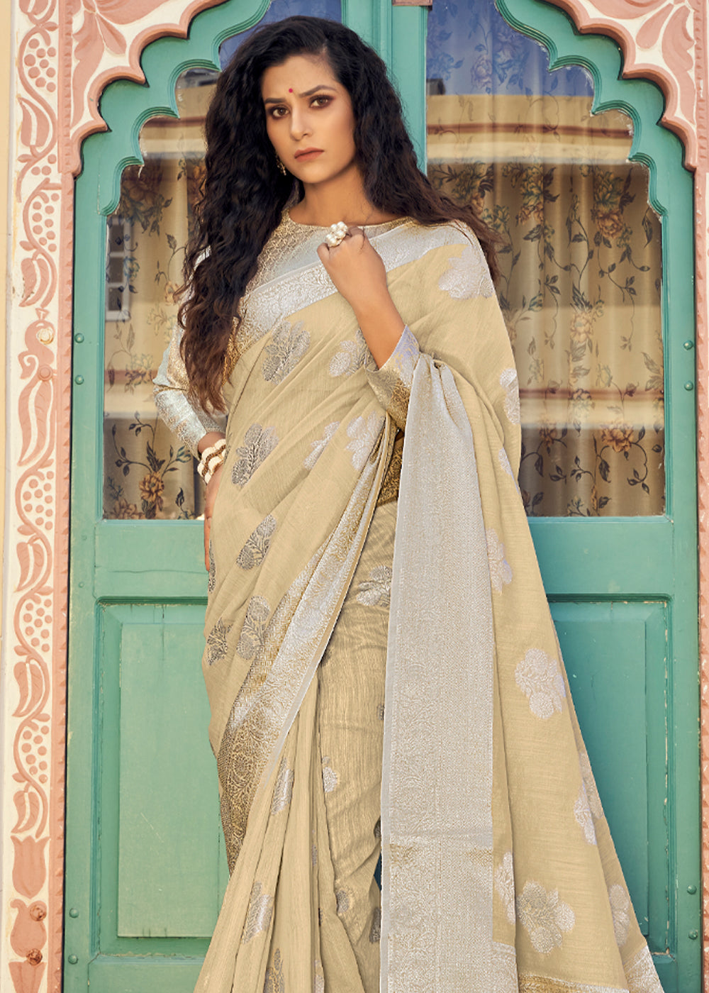 Buy MySilkLove Straw Cream Zari Woven Banarasi Linen Saree Online