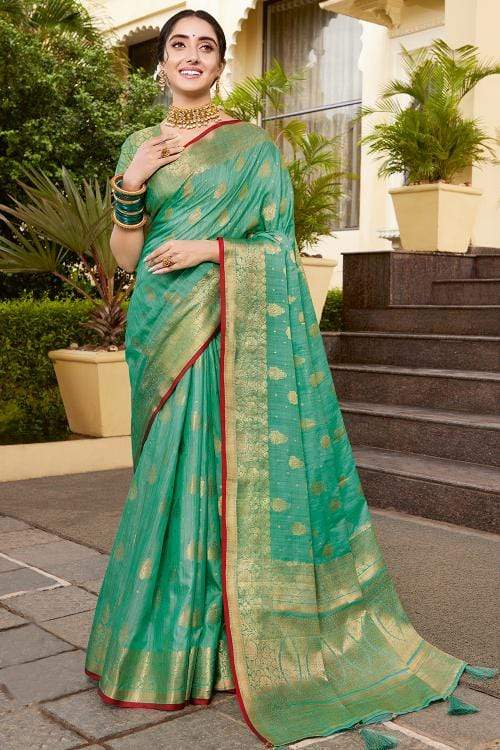 Buy HOUSE OF BEGUM Dark Green Women's Dark Green Banarasi Saree with Zari  Work and Printed Unstitched Blouse | Shoppers Stop