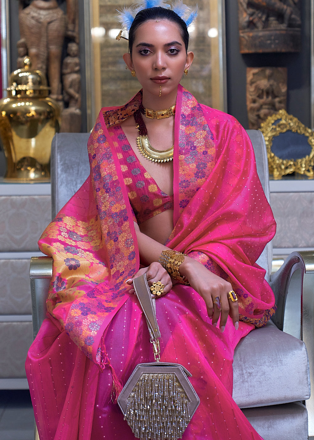 Buy MySilkLove Hot Pink Woven Dual Tone Organza Banarasi Silk Saree Online