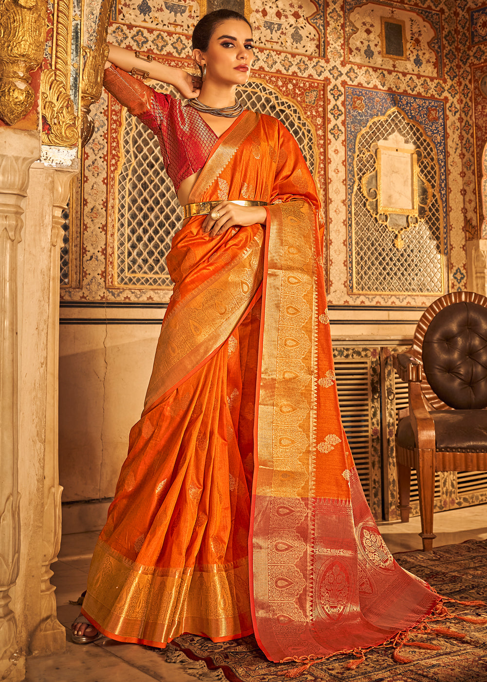 Buy MySilkLove Neon Carrot Orange Banarasi Tussar Woven Silk Saree Online