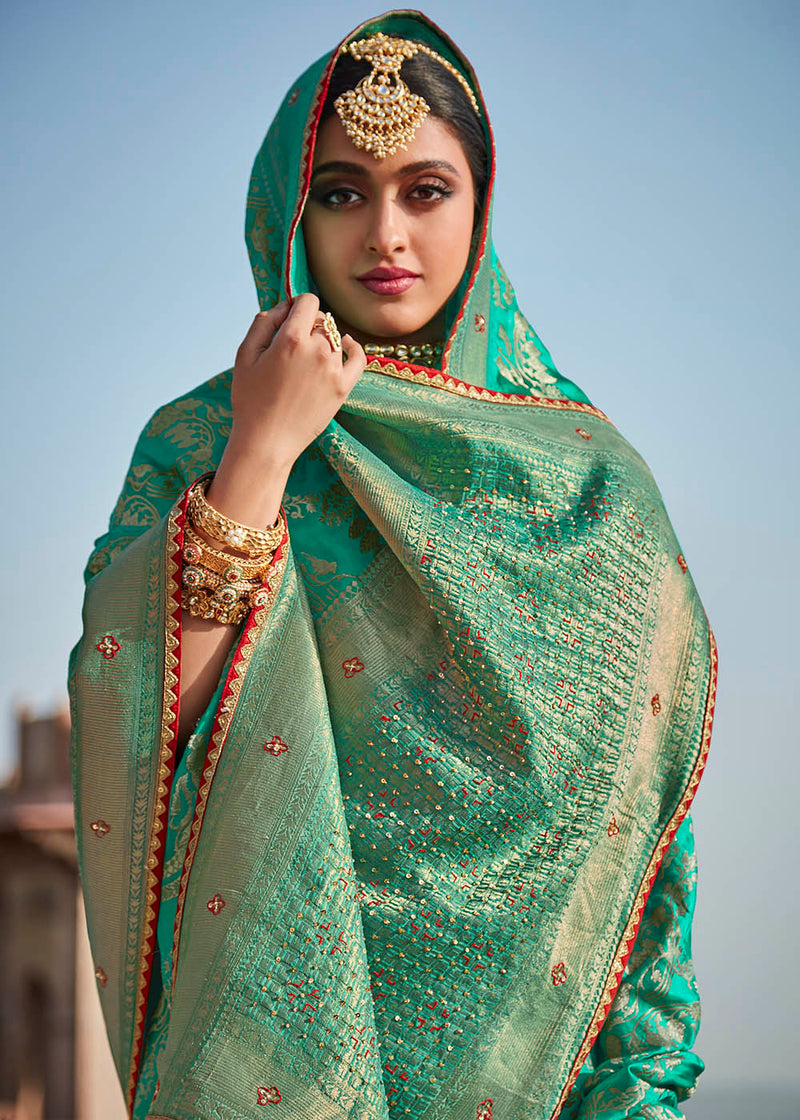 Shiny Green Zari Woven Banarasi Silk Saree with Embroidered Blouse