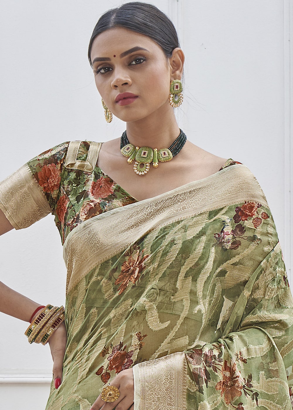 Buy MySilkLove Sage Green Digital Printed Organza Silk Saree Online