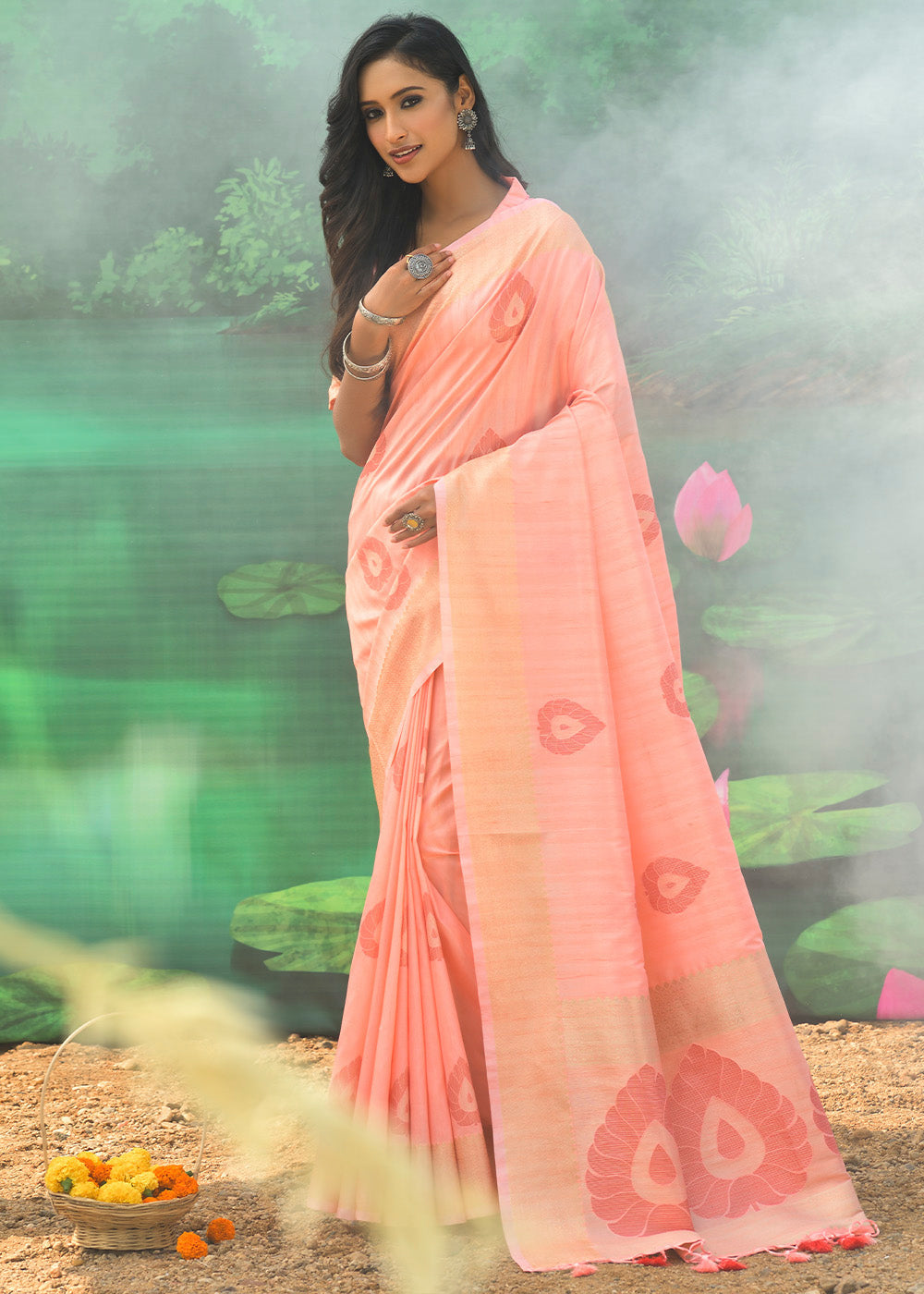 MySilkLove Wax Peach Pink Banarasi Jacquard Silk Saree