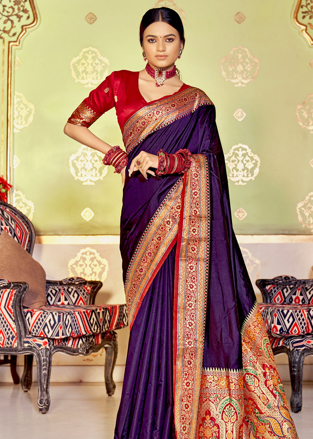 Buy MySilkLove Revolver Purple Zari Woven Banarasi Soft Silk Saree Online